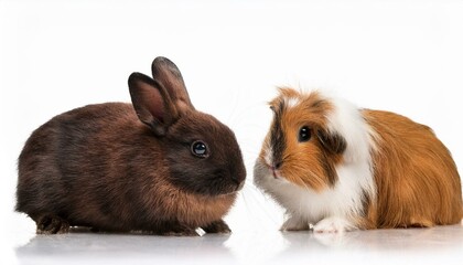 Wall Mural - little dwarf rabbit with guinea pig remoted on white