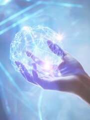Poster - Close up of business man hand pointing at abstract glowing polygonal sphere and digital business interface on blurry blue background. Future, innovation and technology concept. Double exposure