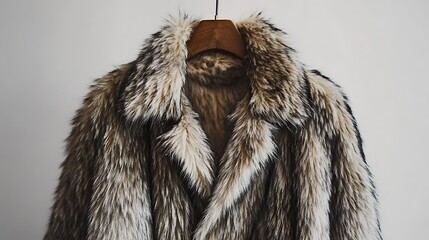 classic faux fur coat on a hanger, white background, sharp focus,