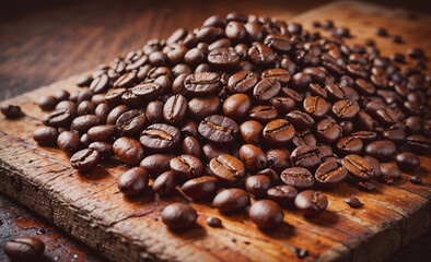 Aufkleber - Pile of coffee beans on a wooden cutting board. The beans are brown and have a rough texture
