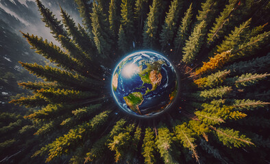 Poster - globe is surrounded by trees. the globe is blue and white. the trees are green. the globe is in the 