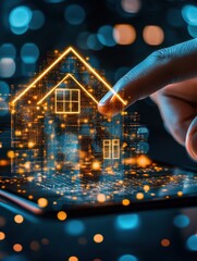 Poster - Close up of businessman hand pointing at tablet with abstract glowing house chip hologram on blurry night city background. Smart home, ai and information concept. Double exposure