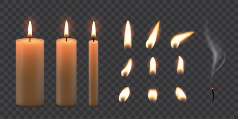 candle flames. candlelight fires vector illustration set. realistic flame light on wick of candlesti