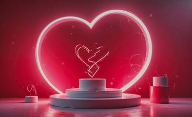 Poster - Heart is lit up in red and is surrounded by a white pedestal. The heart is in the center of the pedestal and is surrounded by three smaller pedestals
