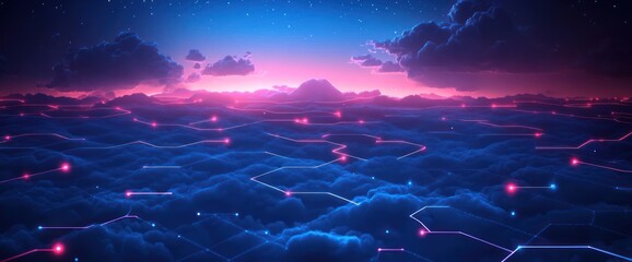 Wall Mural - Futuristic landscape with glowing lines connecting across a cloudy sky at sunset.