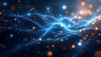 Abstract quantum background with glowing particles, depicting innovation and technology, suitable for tech conferences, website banners, and science publications.