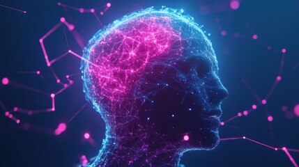 Poster - Neural lowpoly AI futuristic neon network of abstract connection background illustration
