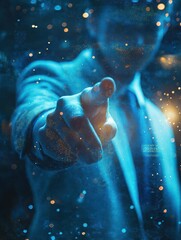Poster - businessman hand pointing at creative glowing robot hologram on blue background. ai and robotics con