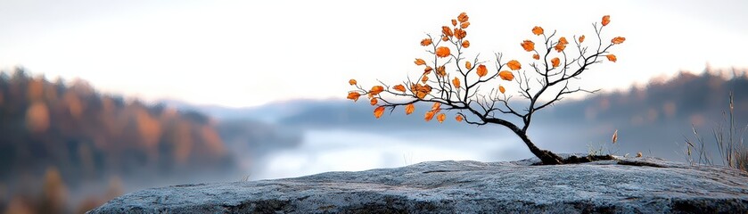 Wall Mural - Lonely Tree on a Rock with Autumn Leaves Overlooking Tranquil Lake at Sunrise in Nature Scene