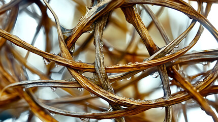 Intricate web of dried plant stems, glistening with water droplets.  Stunning macro photography perfect for nature, beauty, or texturebased designs.