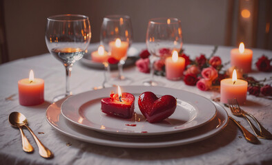 Poster - Table with a white tablecloth and a plate with two heart shaped desserts. There are also candles and wine glasses on the table