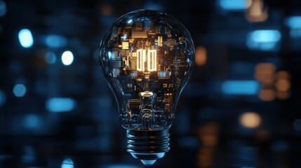 Poster - glowing light bulb with circuit board inside on dark blue background, mockup. innovation concept. ge