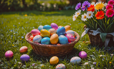 Aufkleber - Basket full of Easter eggs is on the grass. The basket is in the foreground and the eggs are scattered around it