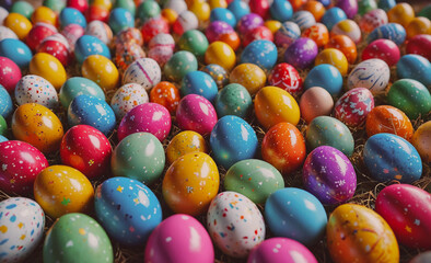 Aufkleber - Bunch of colorful eggs are on a bed of grass. There are many different colors, including pink, yellow, and green