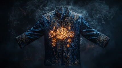 Poster - Ceremonial shirt embroidered with glow cultural festival fashion item dark environment close-up artistry
