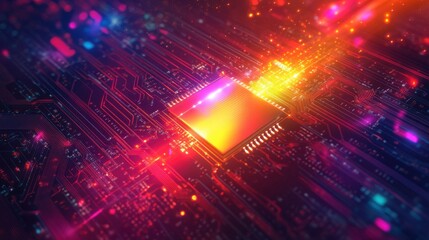 Poster - AI word on microchip and colorful light spread with strong beam , AI concept with copyspace banner background, Generative AI. illustration
