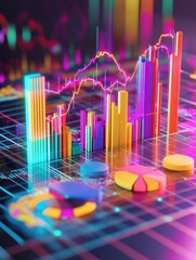 Poster - A vibrant, modern 3D display of colorful bar graphs and pie charts representing data analysis for the year 2024. 3D illustration illustration
