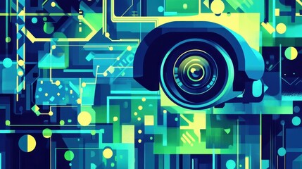 Poster - a stylized blue and green illustration of a cctv camera incorporating ai elements and technology portraying a modern security systems aesthetics and functionality illustration