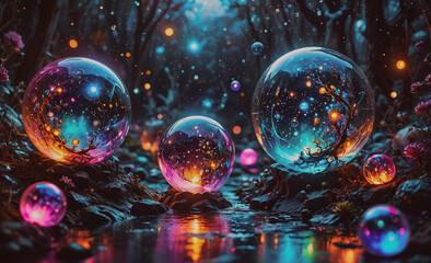 Poster - Three colorful glass spheres are floating in a river. The spheres are illuminated by a light source. The spheres are of different sizes and colors