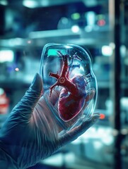 Poster - Close up of female doctor hand holding mobile phone with abstract glowing medical cardiology interface on blurry hospital background. Hi-tech technology and medicine of the future concept.