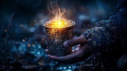 Aufkleber - Mysterious ritual unveils shimmering silver cup of holy energy enchanted forest fantasy scene magical atmosphere