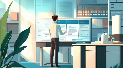 Poster - ai scanning and organizing digital documents in a smart office illustration