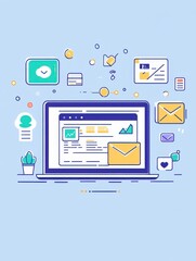 Poster - Flat illustration of a laptop displaying a website analytics dashboard, surrounded by icons of social media platforms, email campaigns, and charts representing digital marketing strategies. Clean ill