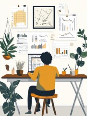 Poster - Illustration of person working at desk with plants and charts on wall in bright office illustration