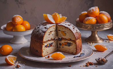 Poster - Cake with a slice missing is on a white plate. The cake is decorated with powdered sugar and has a few oranges on top. There are also oranges on the table, some of which are sliced and others whole