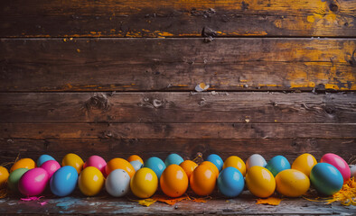 Aufkleber - Bunch of eggs are on a wooden surface. There are many different colors of eggs, including yellow, blue, and pink