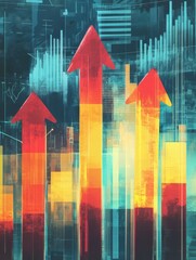 Poster - Abstract illustration with upward arrow indicating growth and success of business with abstract data and graph charts in the background. illustration
