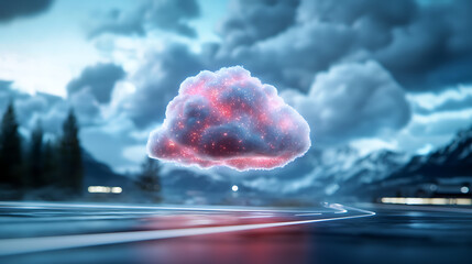 Poster - Ethereal cloud formation illuminates mountain road scenic landscape digital art atmospheric perspective dreamlike concept