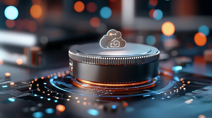 Poster - Innovative cloud technology device digital workspace 3d visualization tech environment close-up view conceptual design