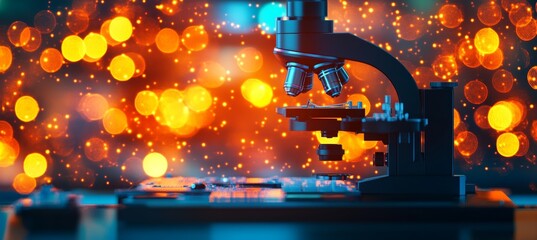 Poster - modern laboratory microscope against a vibrant bokeh backdrop, science and research concept.