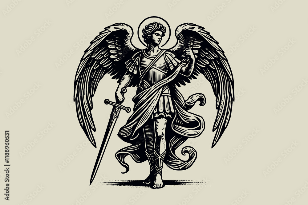 Vintage black and white engraving of Archangel Michael with a sword ...