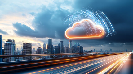 Poster - Digital cloud computing transformation urban cityscape futuristic technology modern environment aerial view innovation