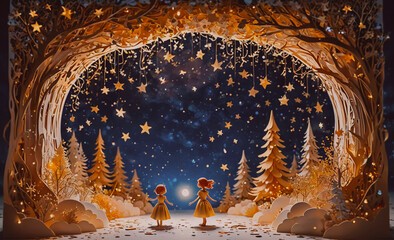 Poster - Two girls are standing in a forest with trees and stars. One of the girls is holding a lantern