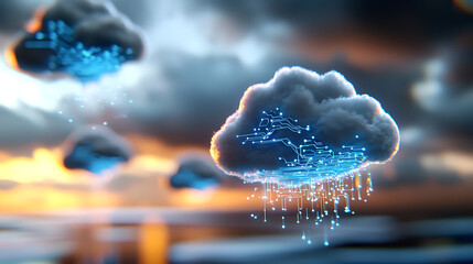 Poster - Digital cloud with circuitry rain futuristic landscape concept art technology environment aerial view innovation vision