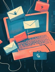 Poster - Phishing Attack Prevention: An illustration depicting cybersecurity measures thwarting a phishing attempt, with malicious links and emails being intercepted. illustration