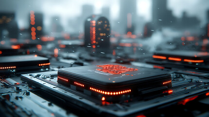 Poster - Futuristic technology showcase urban environment digital artwork cityscape close-up view high-tech concept