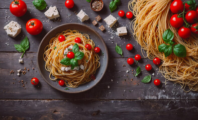 Poster - Plate of spaghetti with tomatoes and basil on top. There is also a bowl of pasta on the table