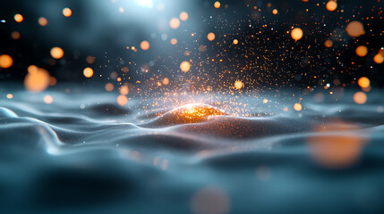 Fototapete - Illuminating sparks emerge from water surface abstract scene digital art mystical environment close-up view vibrant concept