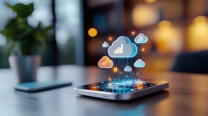 Poster - Smartphone cloud computing concept modern office digital technology visualization tech environment close-up view innovation ideas