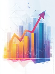Poster - Abstract illustration with upward arrow indicating growth and success of business with abstract data and graph charts in the background. illustration