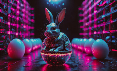 Poster - Rabbit is sitting on a ball in a room with many white balls. The room is lit with neon lights