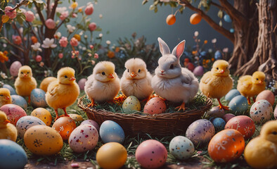 Poster - Basket of eggs with a group of baby chicks sitting on top of them. The chicks are of different colors, including white, yellow, and brown