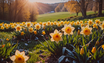 Poster - Beautiful field of yellow flowers with some brown leaves scattered throughout. The flowers are in full bloom, creating a vibrant and colorful scene. The field is located in a grassy area