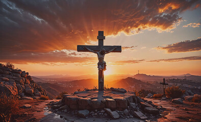 Aufkleber - Cross is on a rock with a man in the middle of it. The sun is setting behind the cross