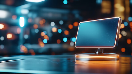 Poster - Futuristic monitor displaying data insights high-tech lab digital artwork neon environment close-up innovation in technology
