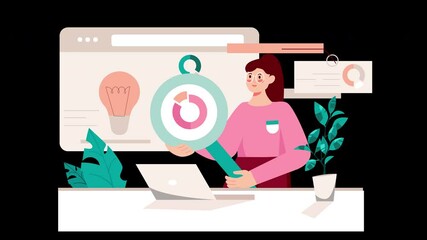 Poster - A European woman in a pink sweater holding a chart against a digital background with plants and a laptop.